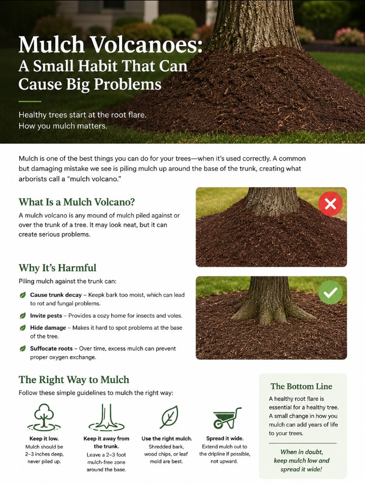 Mulch volcano guidance showing improper mulch piled against a trunk and proper mulch kept away from the root flare